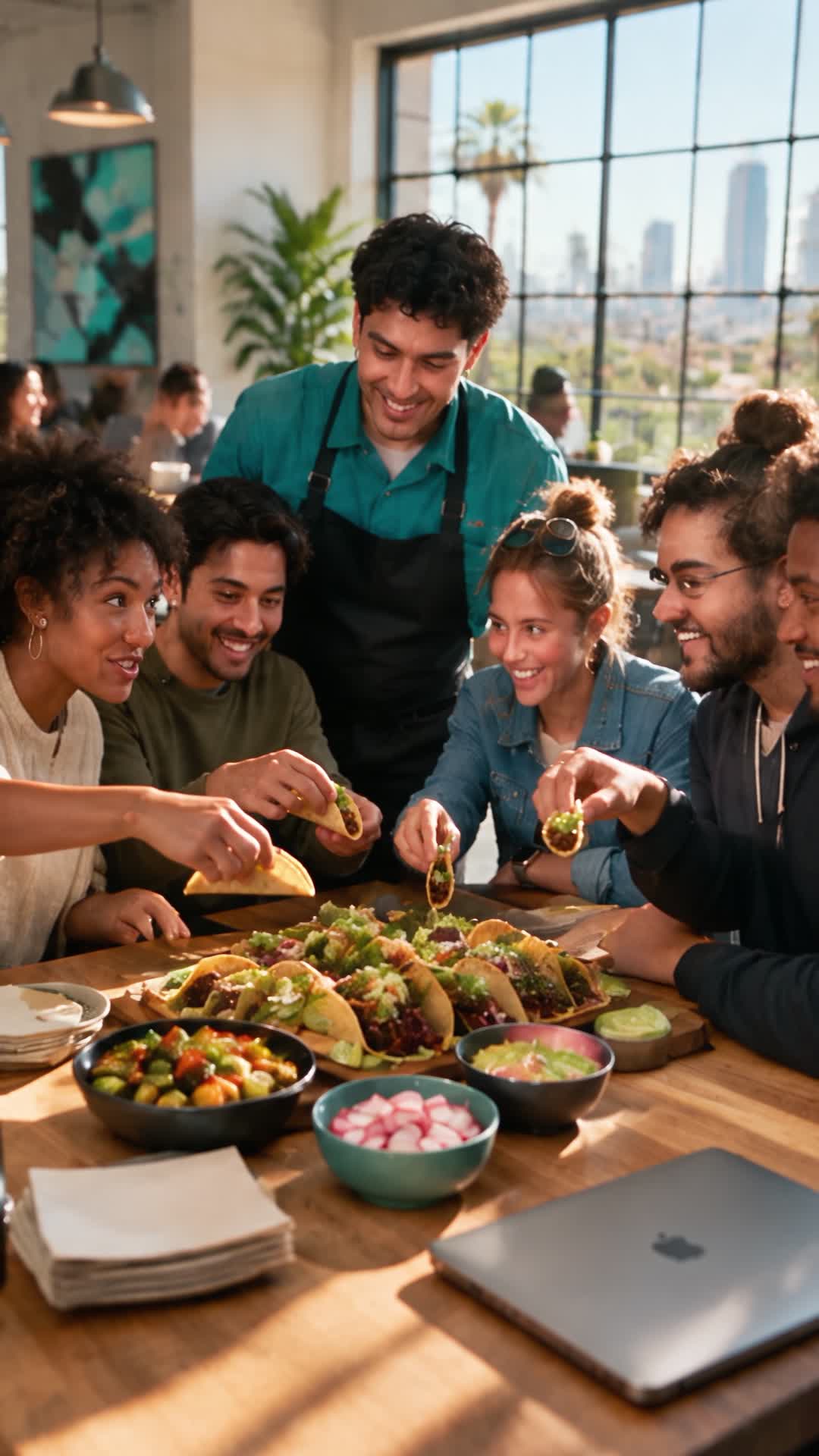 CaterBid campaign scene of friends sharing a catered lunch